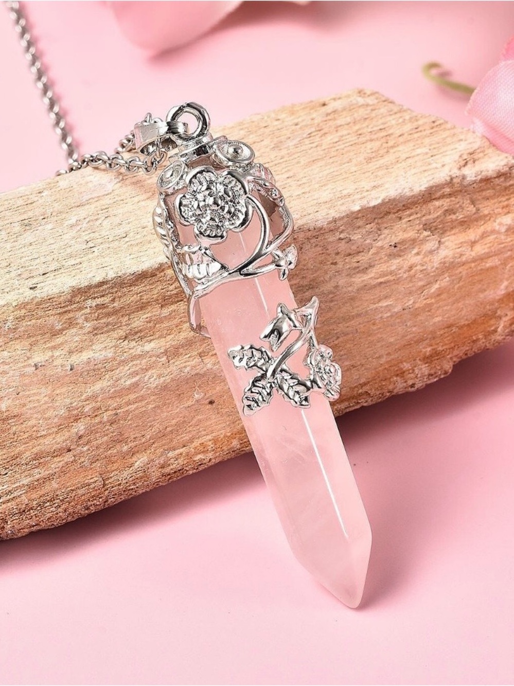 Floral Rose Quartz Point Pendant Necklace - Pink